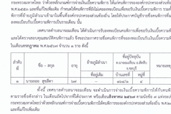 ประกาศเทศบาลตำบลนาจอมเทียน เรื่อง บัญชีเพิ่มเติมผู้มีสิทธิ์รับเงินเบี้ยความพิการ ของเทศบาลตำบลนาจอมเทียน ประจำเดือน พ.ศ. 2567 (เดือนกรกฎาคม 2567)