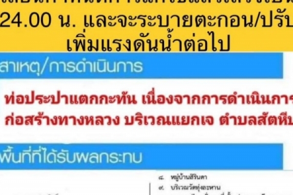 ข่าวประชาสัมพันธ์ เรื่อง การหยุดจ่ายน้ำในเขตเทศบาลฯและพื้นที่ ที่ได้รับผลกระทบ เนื่องจากท่อประปาแตกฉุกเฉิน
