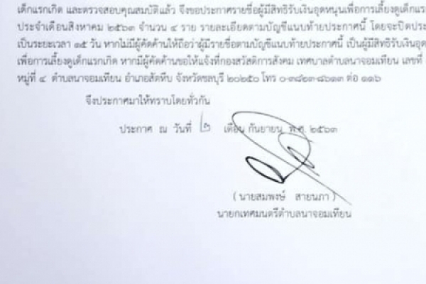 ประกาศรายชื่อผู้มีสิทธิรับเงินอุดหนุนเพื่อการเลี้ยงดูเด็กแรกเกิด ประจำเดือนสิงหาคม 2563