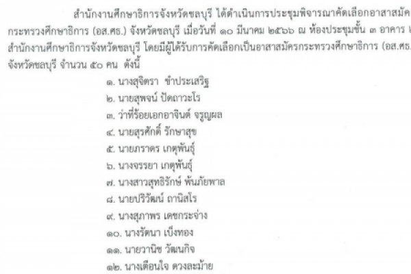 ข่าวฝากประชาสัมพันธ์  ประกาศสำนักงานศึกษาธิการจังหวัดชลบุรี  เรื่อง รายชื่อผู้ได้รับการคัดเลือกเป็นอาสาสมัครกระทรวงศึกษาธิการ ( อส.ศธ.) จังหวัดชลบุรี