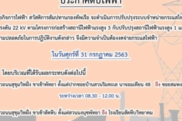 ประกาศไฟฟ้าดับ ในวันที่ 31 ก.ค.63