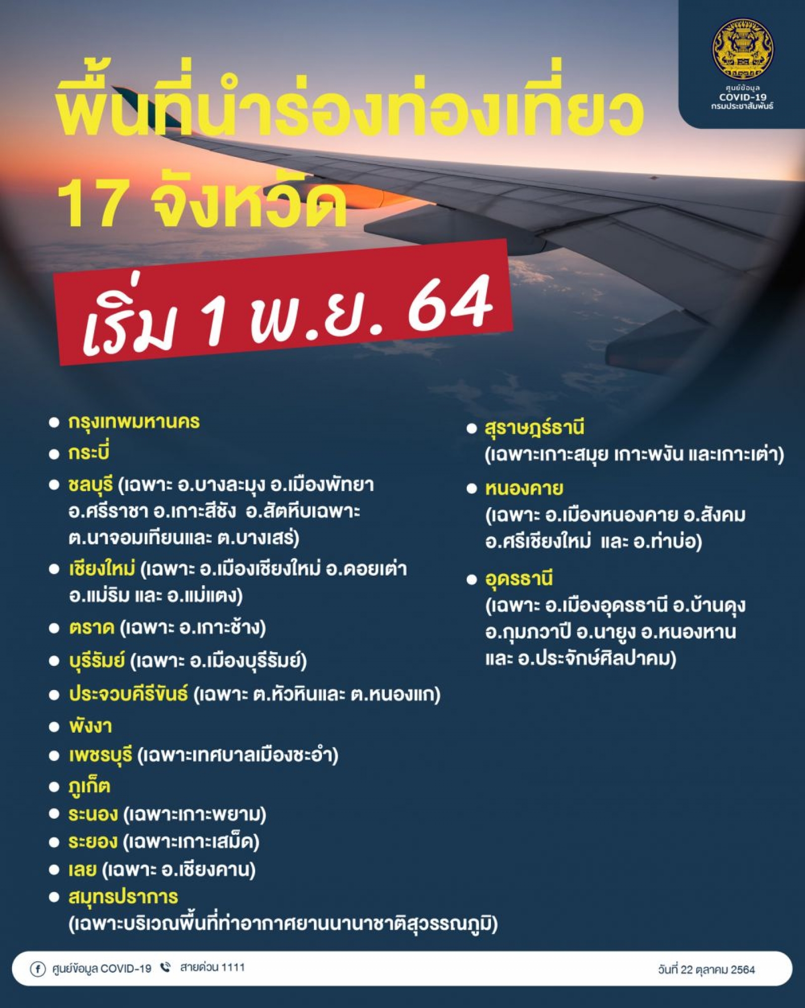พื้นที่นำร่องการท่องเที่ยว 17 จังหวัด เริ่ม 1 พ.ย. 64