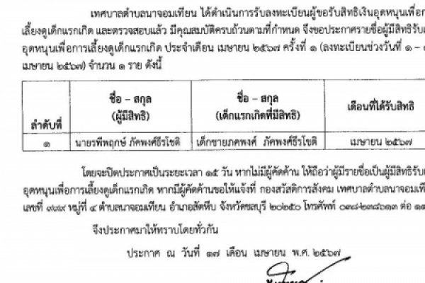 ประกาศเทศบาลตำบลนาจอมเทียน เรื่องถอดถอนชื่อและสิ้นสุดการได้รับเบี้ยยังชีพผู้สูงอายุ ประจำปีงบประมาณ พ.ศ. ๒๕๖๗ (เดือนเมษายน ๒๕๖๗)