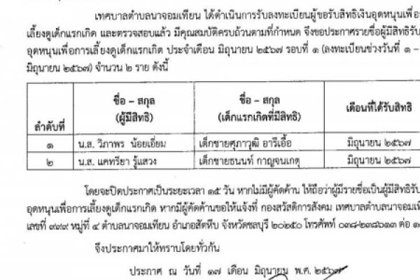 ประกาศเทศบาลตำบลนาจอมเทียน เรื่อง รายชื่อผู้มีสิทธิรับเงินอุดหนุนเพื่อการเลี้ยงดูเด็กแรกเกิด ประจำเดือน มิถุนายน ๒๕๖๗ รอบที่ ๑