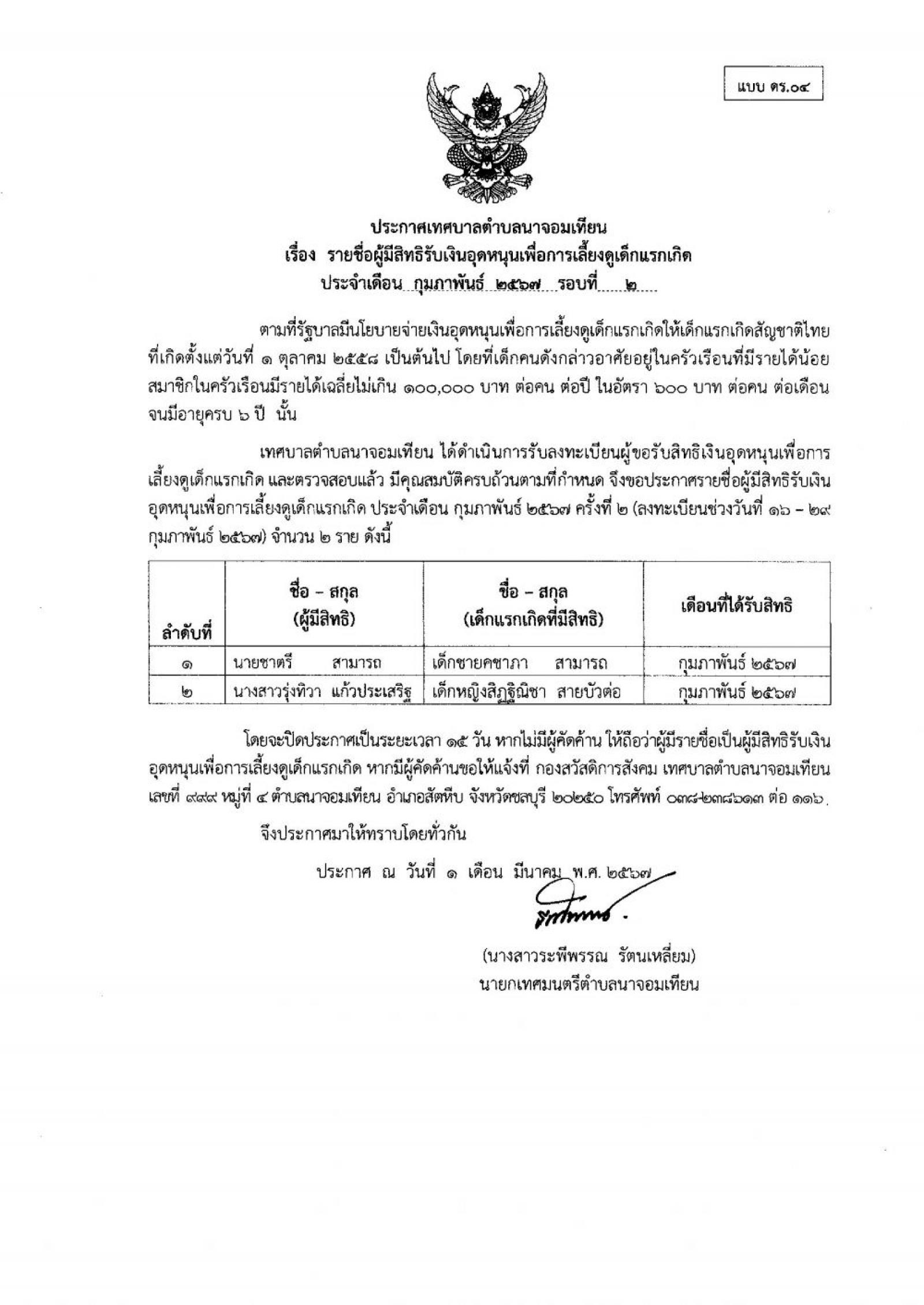 ประกาศเทศบาลฯ รายชื่อผู้มีสิทธิรับเงินอุดหนุนเพื่อการเลี้ยงดูเด็กแรกเกิด ประจำเดือนกุมภาพันธ์ ๒๕๖๗ รอบที่ ๒