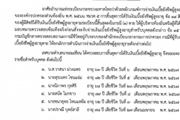ประชาสัมพันธ์ เรื่องถอดถอนรายชื่อและสิ้นสุดการได้รับเบี้ยยังชีพผู้สูงอายุ ประจำปีงบประมาณ พ.ศ.๒๕๖๗ (เดือน มิถุนายน ๒๕๖๗)